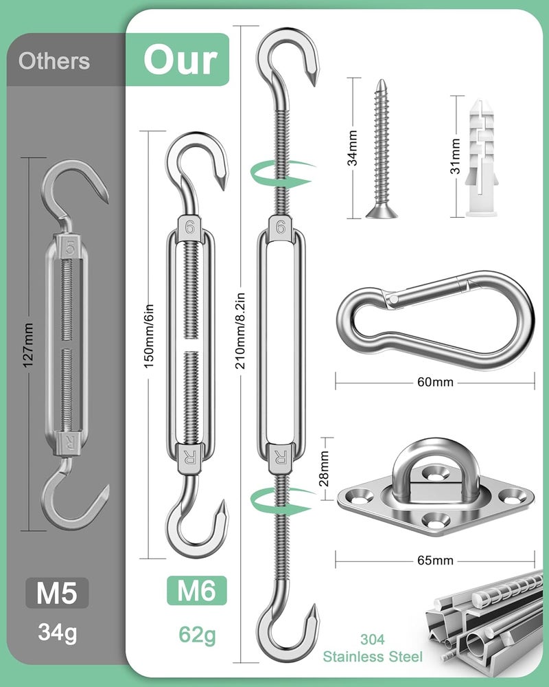 BUDONI Sun Shade Sail Hardware Kit: Triangle Rectangle Shade Sail Hardware Kit Heavy Duty, M6 Turnbuckles for Shade Sail Pad Eye Sun Shade Hooks, Patio Garden Sun Shade Sail Canopy Hardware Installation Kit - Image 4
